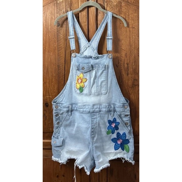 No Boundaries Denim - No Boundaries Y2K Denim Overalls Shorts Embroidered Flowers Pockets Sz Small Med